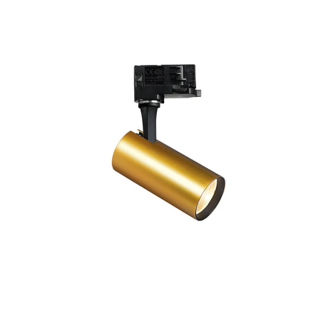 Introducing the Ignis LED Three Phase Track Spotlight in gold, featuring a sleek cylindrical design with a black mounting bracket. This modern spotlight is designed for three-phase track lighting systems and includes a CRI80 adjustable head to provide focused illumination.