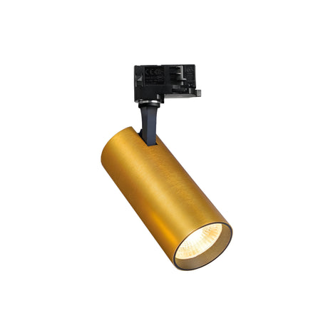 The Ignis LED Three Phase Track Spotlight 25W CRI90 3000K in Gold features a black mounting bracket and emits a warm 3000K glow. It offers enhanced color accuracy with its CRI90 rating, making it ideal for minimalist or contemporary interior designs due to its sleek and modern appearance.