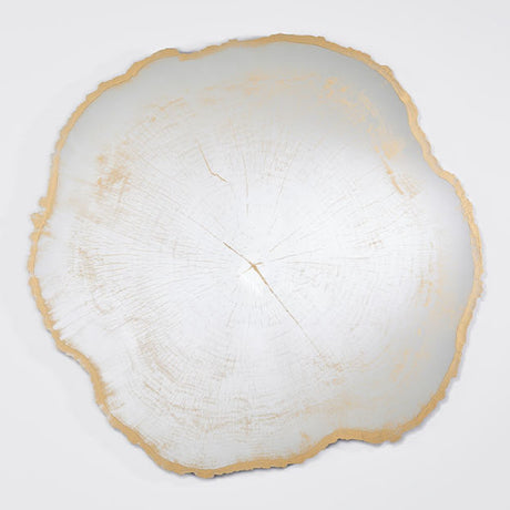 Arbo Gold Tree Ring Printed Glass Wall Mirror 80cm, frameless with an irregular tree-slice outline, gold sawn edge, and printed growth rings on the glass, shown on a plain light background.