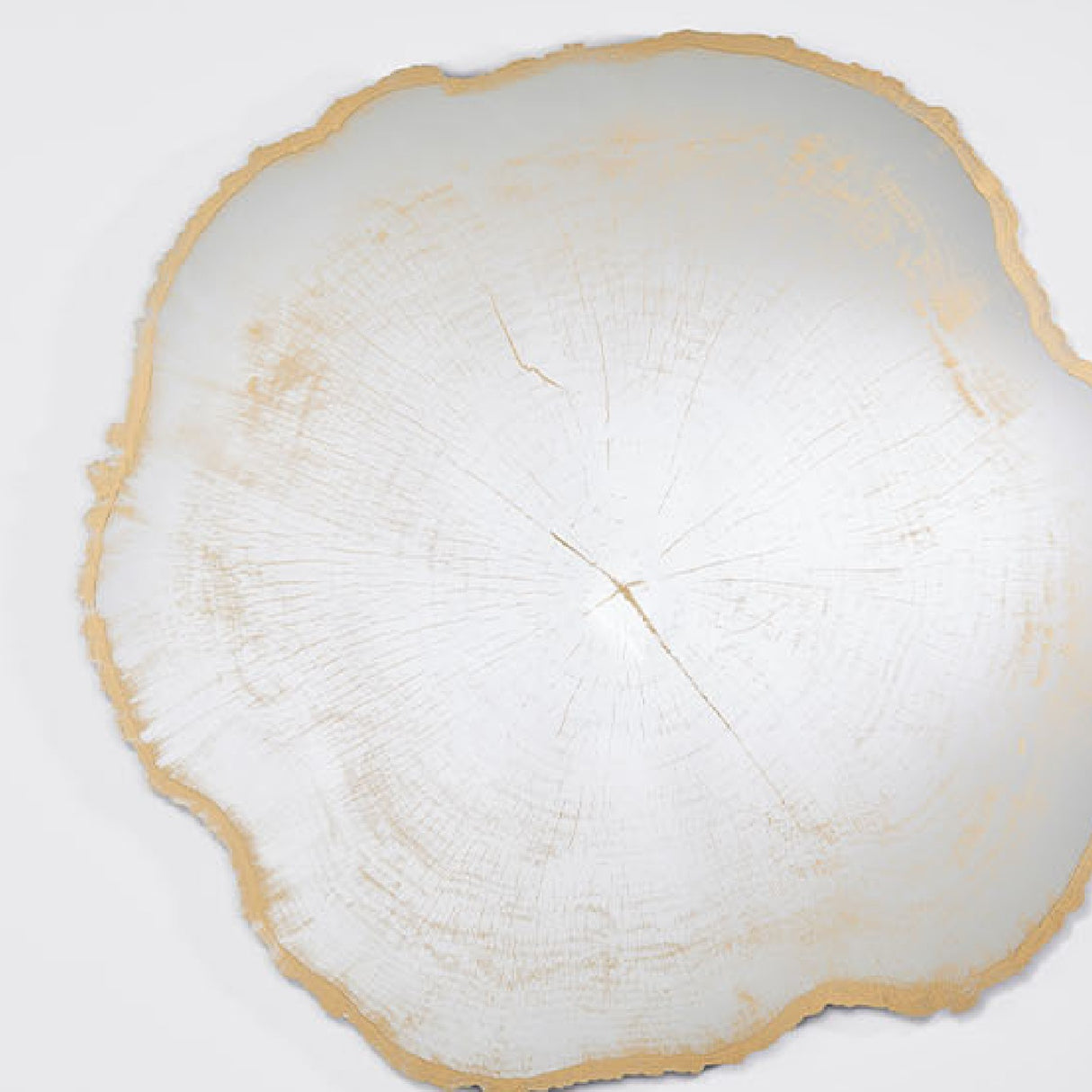 Arbo Gold Tree Ring Printed Glass Wall Mirror 80cm, frameless with an irregular tree-slice outline, gold sawn edge, and printed growth rings on the glass, shown on a plain light background.
