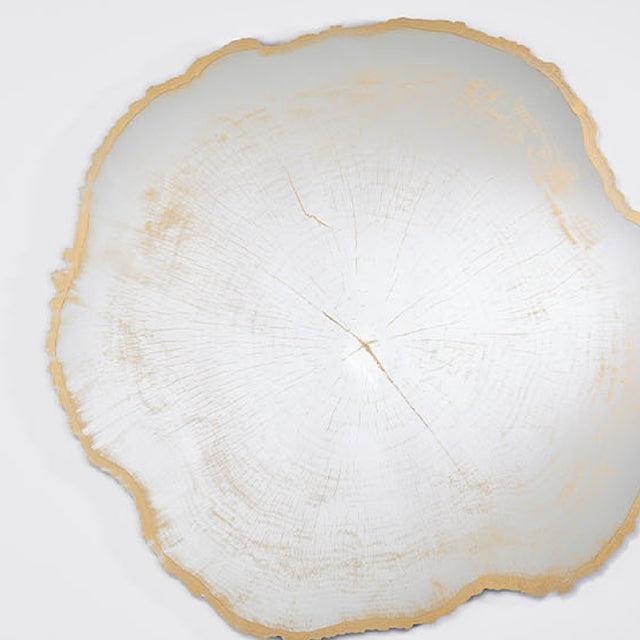 Arbo Gold Tree Ring Printed Glass Wall Mirror 80cm, frameless with an irregular tree-slice outline, gold sawn edge, and printed growth rings on the glass, shown on a plain light background.