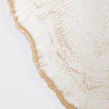 Close-up of the Arbo Gold Tree Ring Printed Glass Wall Mirror, showing the frameless irregular edge in warm gold with printed growth-ring detail on the glass surface.