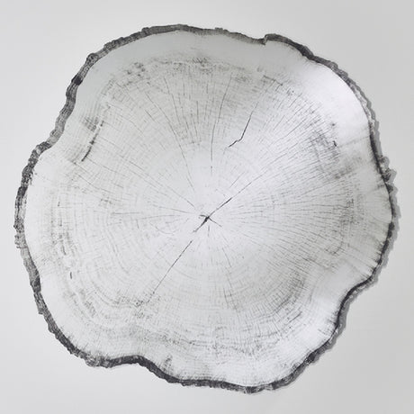 Arbo Dark Tree Ring Printed Glass Wall Mirror 80cm, frameless irregular mirror shaped like a tree trunk slice with printed growth rings and charcoal bark-like edge, on a plain white background.