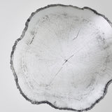 Arbo Dark Tree Ring Printed Glass Wall Mirror 80cm, frameless irregular mirror shaped like a tree trunk slice with printed growth rings and charcoal bark-like edge, on a plain white background.