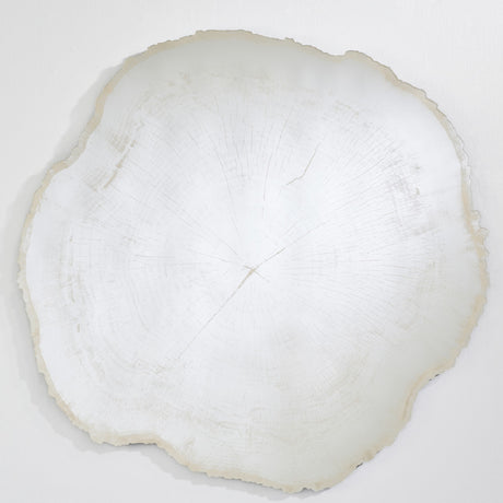 The tree ring mirror seen larger, the rings traced across the glass and the bark edge scalloped all the way round.