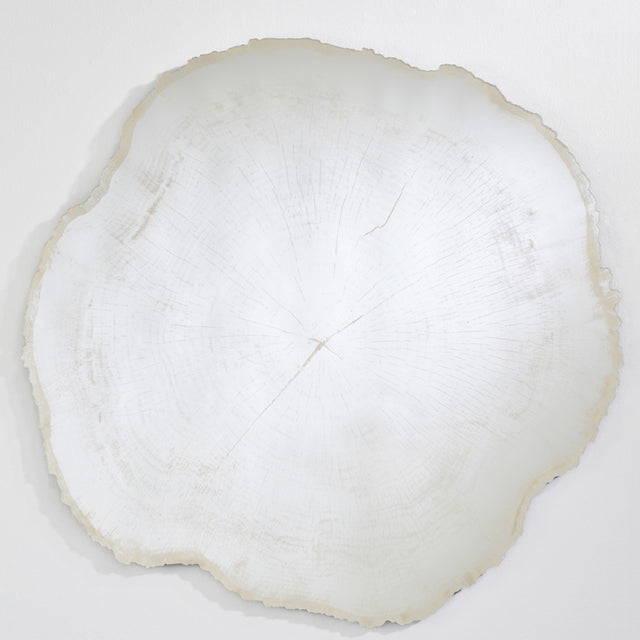 The tree ring mirror seen larger, the rings traced across the glass and the bark edge scalloped all the way round.