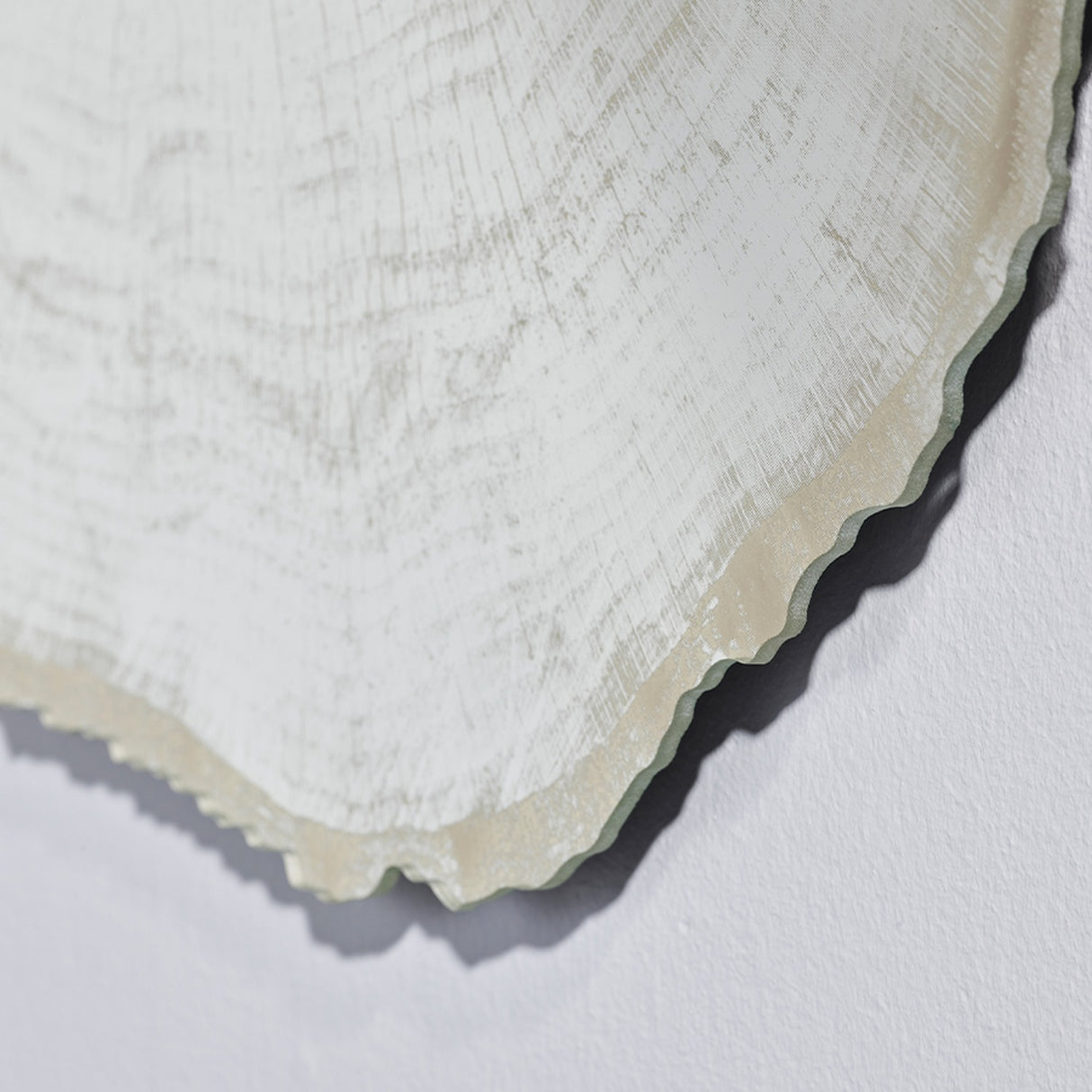 Close-up of the growth rings and the moulded outer edge, the tracing fading towards the centre.