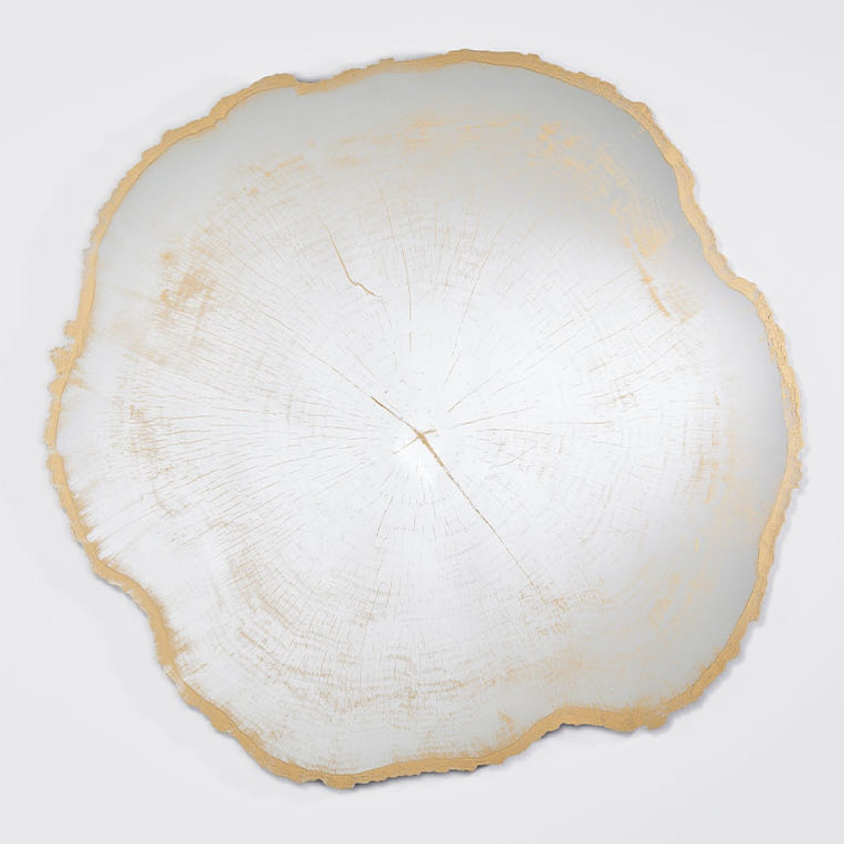 Arbo Gold Tree Ring Printed Glass Wall Mirror 102cm, frameless with an irregular tree-slice outline, gold rippled edge and printed growth rings, shown on a plain light background.