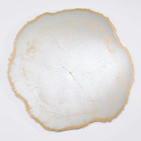 Arbo Gold Tree Ring Printed Glass Wall Mirror 102cm, frameless with an irregular tree-slice outline, gold rippled edge and printed growth rings, shown on a plain light background.