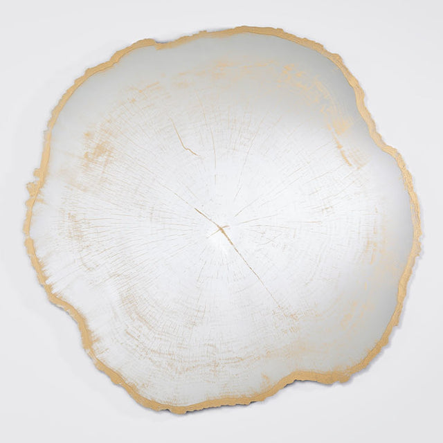 Arbo Gold Tree Ring Printed Glass Wall Mirror 102cm, frameless with an irregular tree-slice outline, gold rippled edge and printed growth rings, shown on a plain light background.