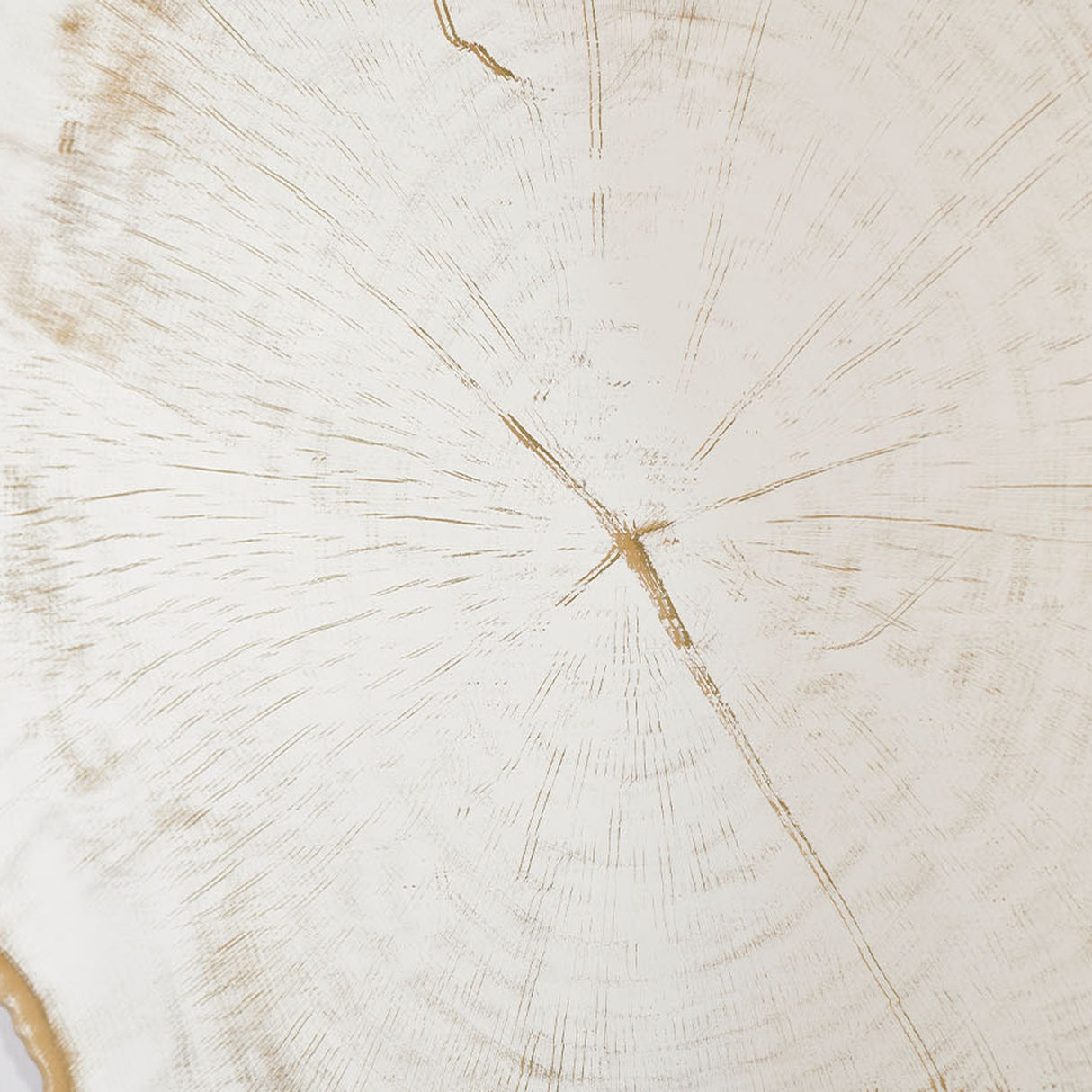 Close-up of the Arbo Gold Tree Ring Printed Glass Wall Mirror, showing gold tree-ring growth pattern radiating across the frameless glass surface.