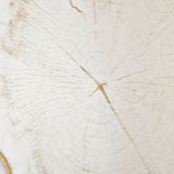 Close-up of the Arbo Gold Tree Ring Printed Glass Wall Mirror, showing gold tree-ring growth pattern radiating across the frameless glass surface.