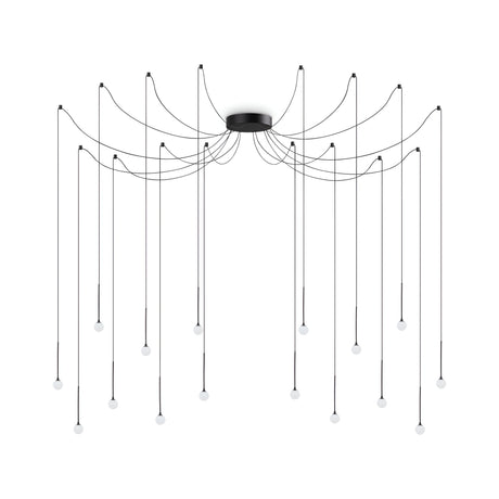 The Nimbus 16 LED Light Suspension 16W 3000K - Black is a modern chandelier featuring multiple black wires that radiate from a central base. Each height-adjustable wire concludes with a small white bulb, producing a contemporary cascading effect against the white background.