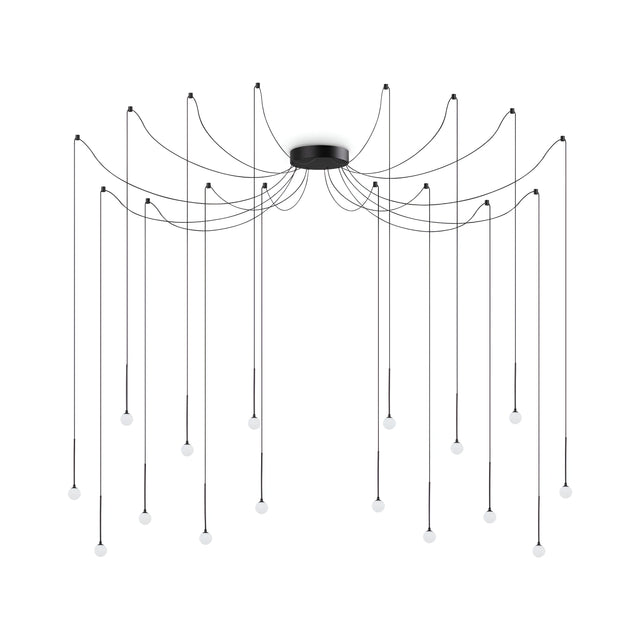 The Nimbus 16 LED Light Suspension 16W 3000K - Black is a modern chandelier featuring multiple black wires that radiate from a central base. Each height-adjustable wire concludes with a small white bulb, producing a contemporary cascading effect against the white background.