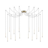 Introducing the Nimbus 16 LED Light Suspension, featuring a central brass structure with an opulent finish. This modern chandelier incorporates multiple black cables extending outward, each holding a white spherical bulb at different lengths, resulting in an elegant cascading effect that adds sophistication to any room. With a total output of 16W and a warm glow of 3000K, this fixture serves as both functional and luxurious lighting.
