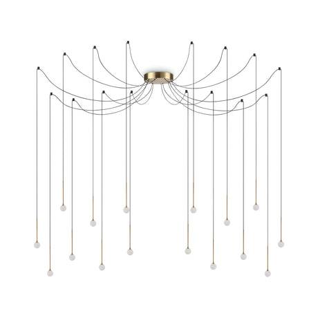 Introducing the Nimbus 16 LED Light Suspension, featuring a central brass structure with an opulent finish. This modern chandelier incorporates multiple black cables extending outward, each holding a white spherical bulb at different lengths, resulting in an elegant cascading effect that adds sophistication to any room. With a total output of 16W and a warm glow of 3000K, this fixture serves as both functional and luxurious lighting.