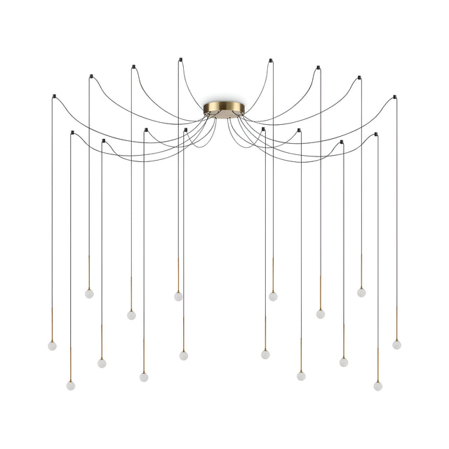 Introducing the Nimbus 16 LED Light Suspension, featuring a central brass structure with an opulent finish. This modern chandelier incorporates multiple black cables extending outward, each holding a white spherical bulb at different lengths, resulting in an elegant cascading effect that adds sophistication to any room. With a total output of 16W and a warm glow of 3000K, this fixture serves as both functional and luxurious lighting.