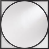 Circo Square Printed Glass Wall Mirror featuring a round mirrored centre framed by a black-bordered square glass panel, set against a plain white background.