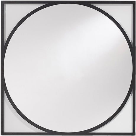 Circo Square Printed Glass Wall Mirror featuring a round mirrored centre framed by a black-bordered square glass panel, set against a plain white background.