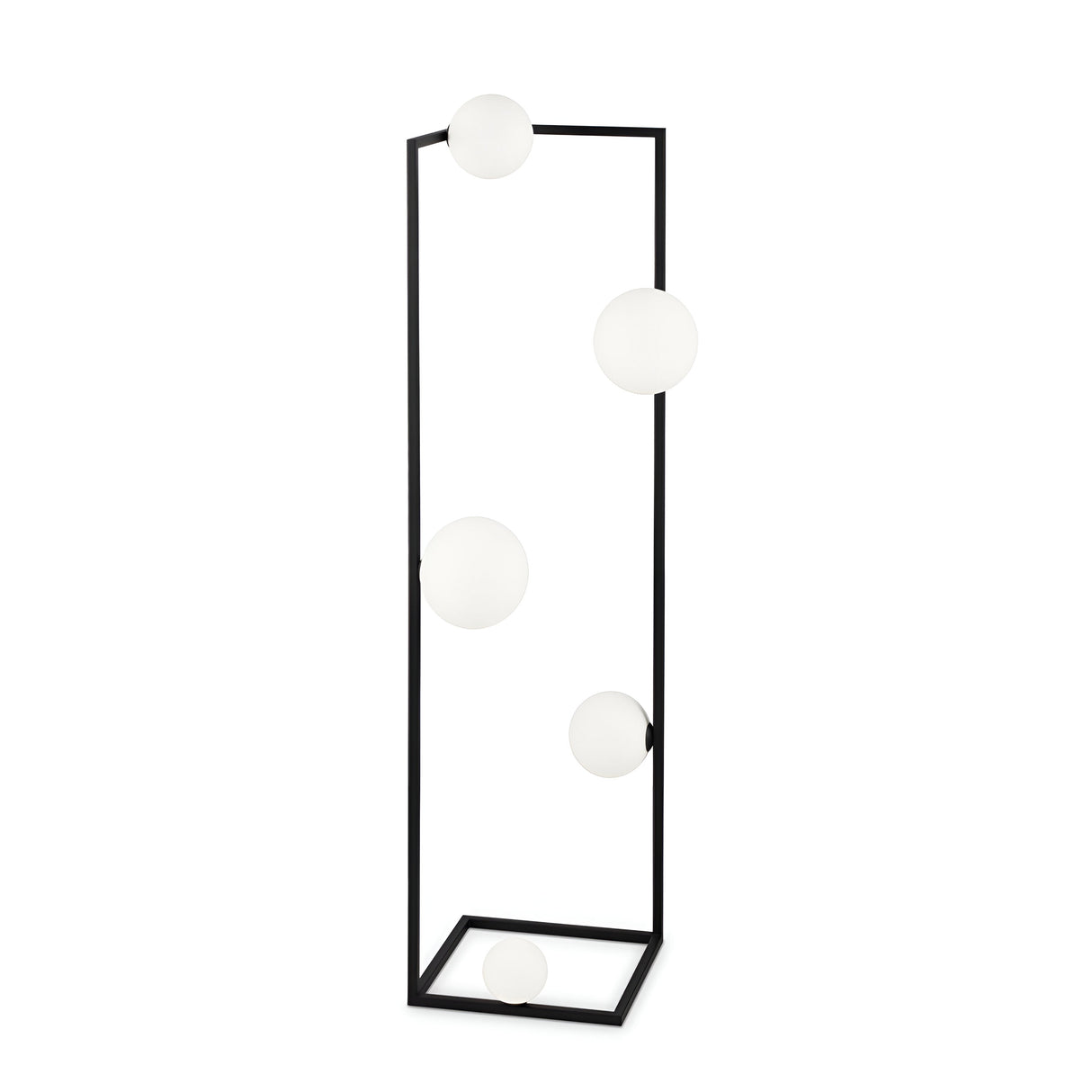 The Dazzle Floor Lamp - Black/White features a sleek black metal frame with five frosted white spherical light bulbs, providing an ambient glow. Its geometric design merges modern and contemporary styles, delivering stylish vertical illumination to elevate any space.