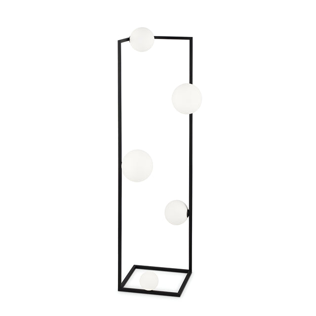 The Dazzle Floor Lamp - Black/White features a sleek black metal frame with five frosted white spherical light bulbs, providing an ambient glow. Its geometric design merges modern and contemporary styles, delivering stylish vertical illumination to elevate any space.