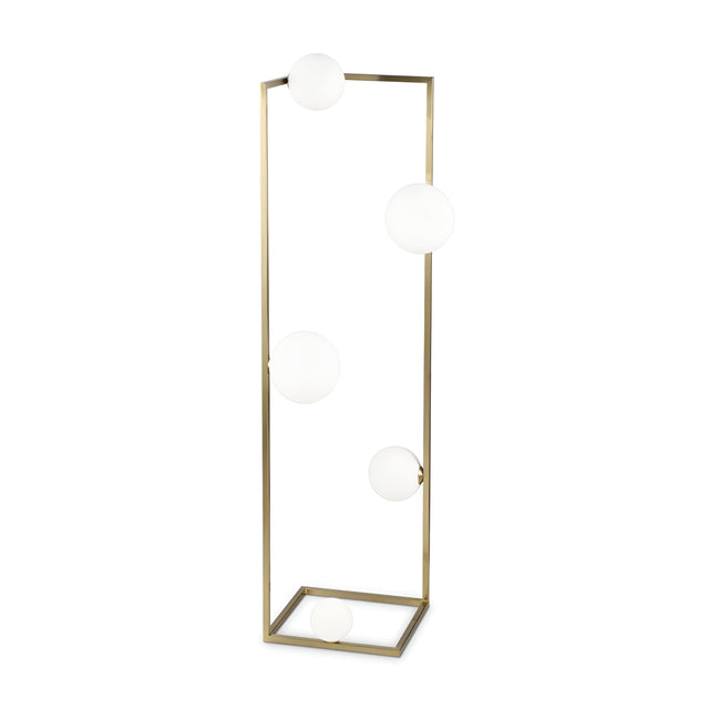 Introducing the Dazzle Floor Lamp - Brass, a sophisticated lighting fixture ideal for both modern and classic spaces. It showcases a polished brass finish and includes a geometric frame adorned with five frosted globes positioned at different heights, seamlessly combining clean lines with spherical details for an ultra-contemporary appearance.