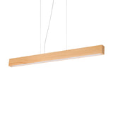 The Erin LED Wood Linear Suspension 37W 3000K in Light Brown is a modern, rectangular pendant light suspended from the ceiling by two cables. It features an LED wood finish that emits a soft, warm glow and boasts a minimalist design, making it ideal for energy-efficient lighting in contemporary interiors.