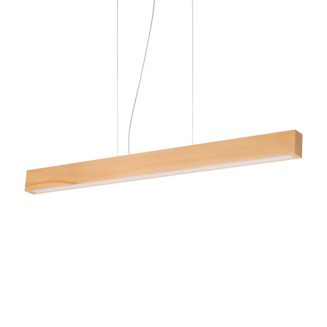 The Erin LED Wood Linear Suspension 37W 3000K in Light Brown is a modern, rectangular pendant light suspended from the ceiling by two cables. It features an LED wood finish that emits a soft, warm glow and boasts a minimalist design, making it ideal for energy-efficient lighting in contemporary interiors.