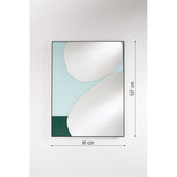 Mika Blue Printed Glass Wall Mirror, 107cm x 81cm, slim black metal frame with abstract teal, green and white curved shapes printed across the lower glass.