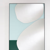 Mika Blue rectangular wall mirror 107cm in a slim black metal frame, with abstract curved shapes printed in white over pale blue and green glass panels.