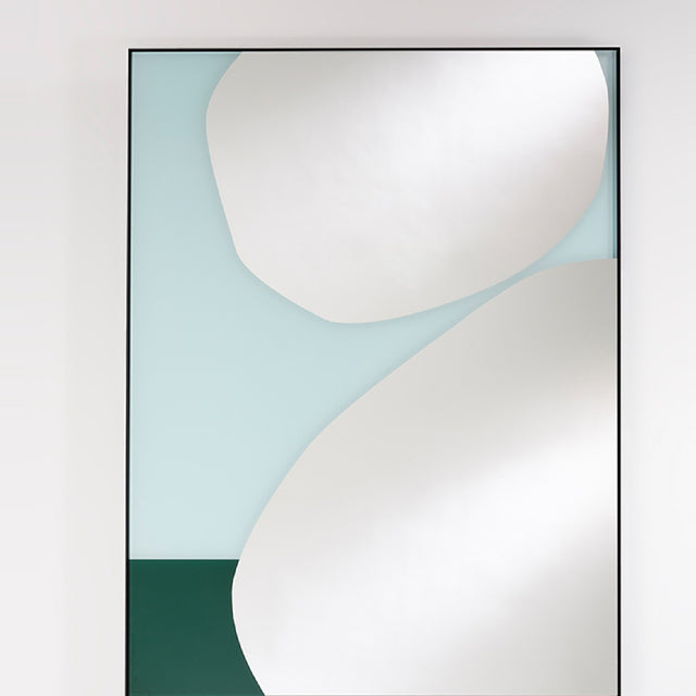Mika Blue rectangular wall mirror 107cm in a slim black metal frame, with abstract curved shapes printed in white over pale blue and green glass panels.
