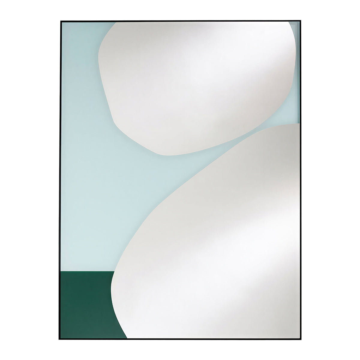 Mika Blue rectangular wall mirror in a slim black metal frame, with printed white curved shapes over a light teal and dark green base, shown against a plain white background.