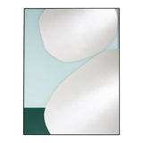 Mika Blue rectangular wall mirror in a slim black metal frame, with printed white curved shapes over a light teal and dark green base, shown against a plain white background.