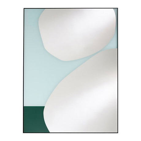 Mika Blue rectangular wall mirror in a slim black metal frame, with printed white curved shapes over a light teal and dark green base, shown against a plain white background.