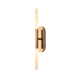 The Aurelian LED Double Column Alabaster Wall Light in brushed brass and soft white features vertical cylindrical alabaster lights at both ends and a central brushed brass mount, shown against a white background.