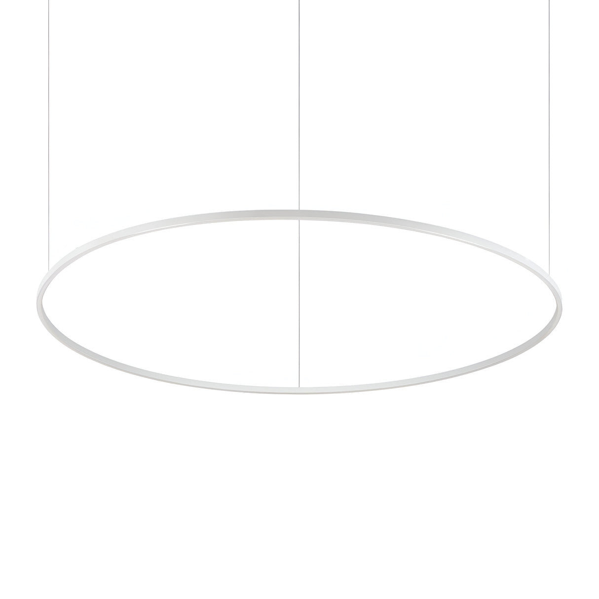 The Arcena Round LED Suspension Light - 4000K in white, measuring 150 cm, is a minimalist circular pendant suspended by thin wires against a white background. Its sleek and modern design exudes simple elegance and contemporary style.