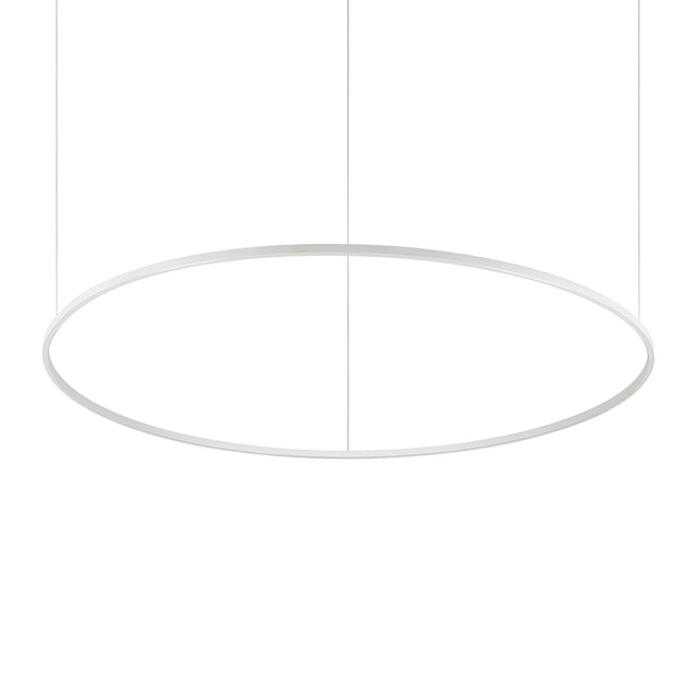The Arcena Round LED Suspension Light - 4000K in white, measuring 150 cm, is a minimalist circular pendant suspended by thin wires against a white background. Its sleek and modern design exudes simple elegance and contemporary style.