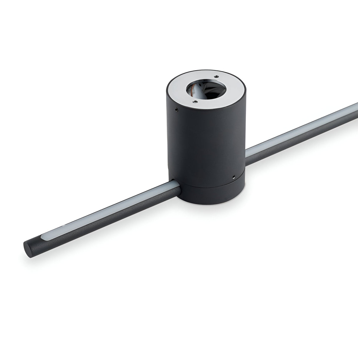 A cylindrical, black metal component reminiscent of the Lumara LED Bar Wall Light 20W 3000K - Black features an elongated rod running through it. Possibly part of energy-efficient machinery or outdoor lighting equipment, it is set against a pristine white background.