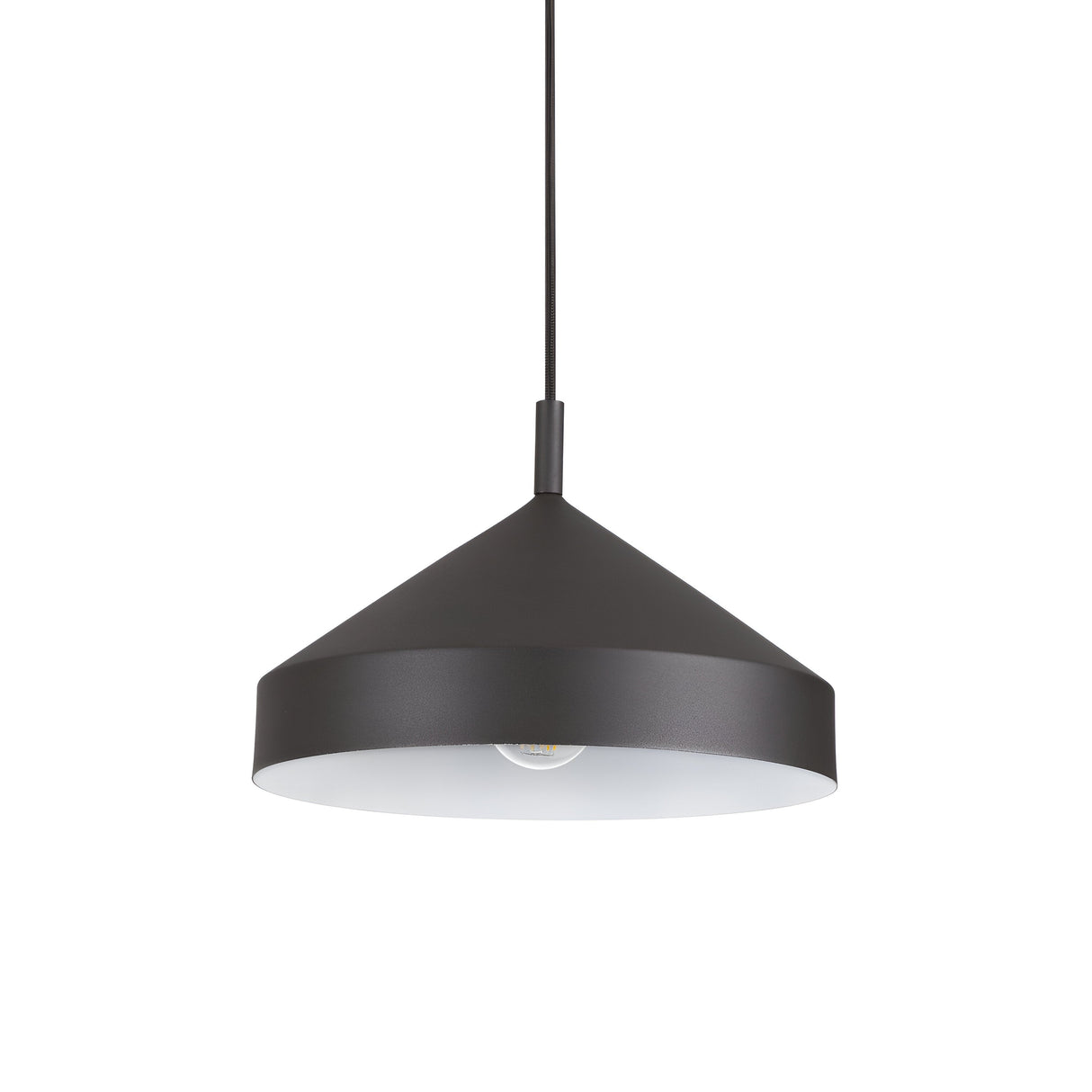 The Elysian 1 Light Pendant - Black, 30cm showcases a sleek black conical shade suspended from a slender cord. Its white interior gently diffuses light, capturing the essence of modern minimalist design. This contemporary lighting fixture epitomizes elegance in its modern black pendant form.