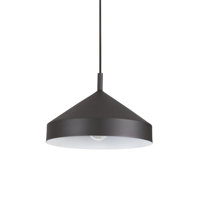 The Elysian 1 Light Pendant - Black, 30cm showcases a sleek black conical shade suspended from a slender cord. Its white interior gently diffuses light, capturing the essence of modern minimalist design. This contemporary lighting fixture epitomizes elegance in its modern black pendant form.