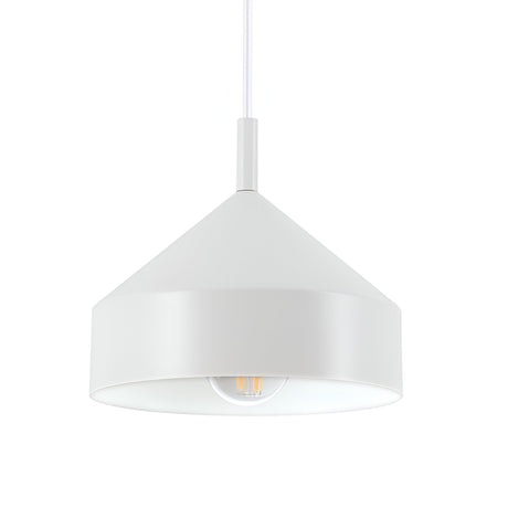The Elysian 1 Light Pendant - White, 21cm is a modern pendant light featuring a conical white shade and cord, perfect for minimalist lighting on a plain white background.