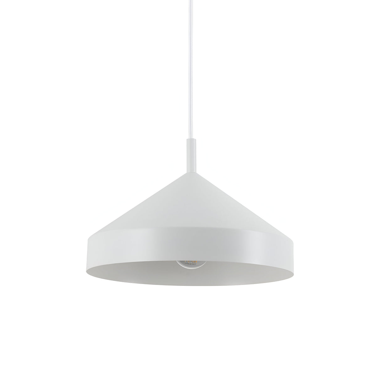 The Elysian 1 Light Pendant - White, 30cm features a minimalist design with a conical shade and an exposed bulb, suspended from the ceiling on a white cord. This modern lighting fixture is displayed against a plain white background and can be adjusted to be dimmable.