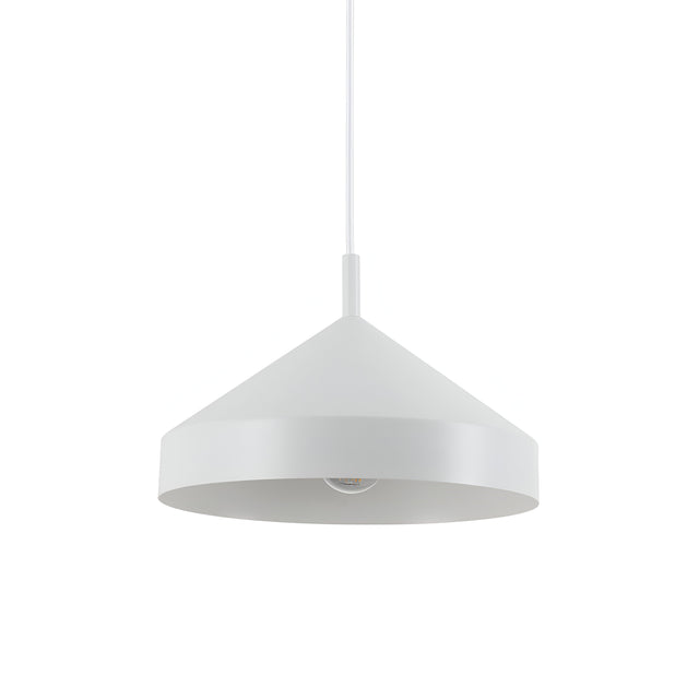 The Elysian 1 Light Pendant - White, 30cm features a minimalist design with a conical shade and an exposed bulb, suspended from the ceiling on a white cord. This modern lighting fixture is displayed against a plain white background and can be adjusted to be dimmable.
