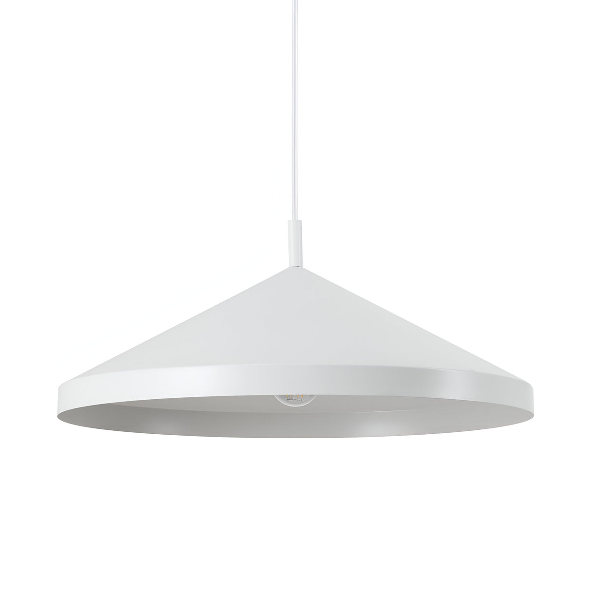 The Elysian 1 Light Pendant in white, measuring 50cm, is a modern and minimalist fixture with a conical shade that hangs from the ceiling, making it an ideal choice for stylish interiors. It features dimmable functionality and showcases a smooth finish with a simple design, suspended by a thin white cord.