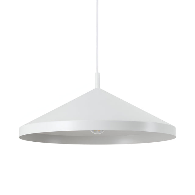The Elysian 1 Light Pendant in white, measuring 50cm, is a modern and minimalist fixture with a conical shade that hangs from the ceiling, making it an ideal choice for stylish interiors. It features dimmable functionality and showcases a smooth finish with a simple design, suspended by a thin white cord.