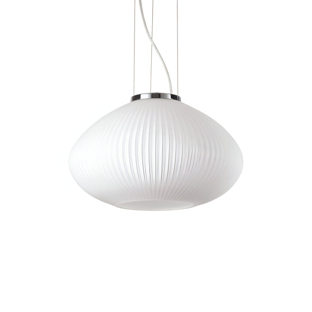 The Zephyr 1 Light Pendant in White/Silver, measuring 35cm, features a round design with a ribbed texture and a sleek silver finish. It hangs from the ceiling with multiple thin cords and includes a glass diffuser, highlighting its modern aesthetic.