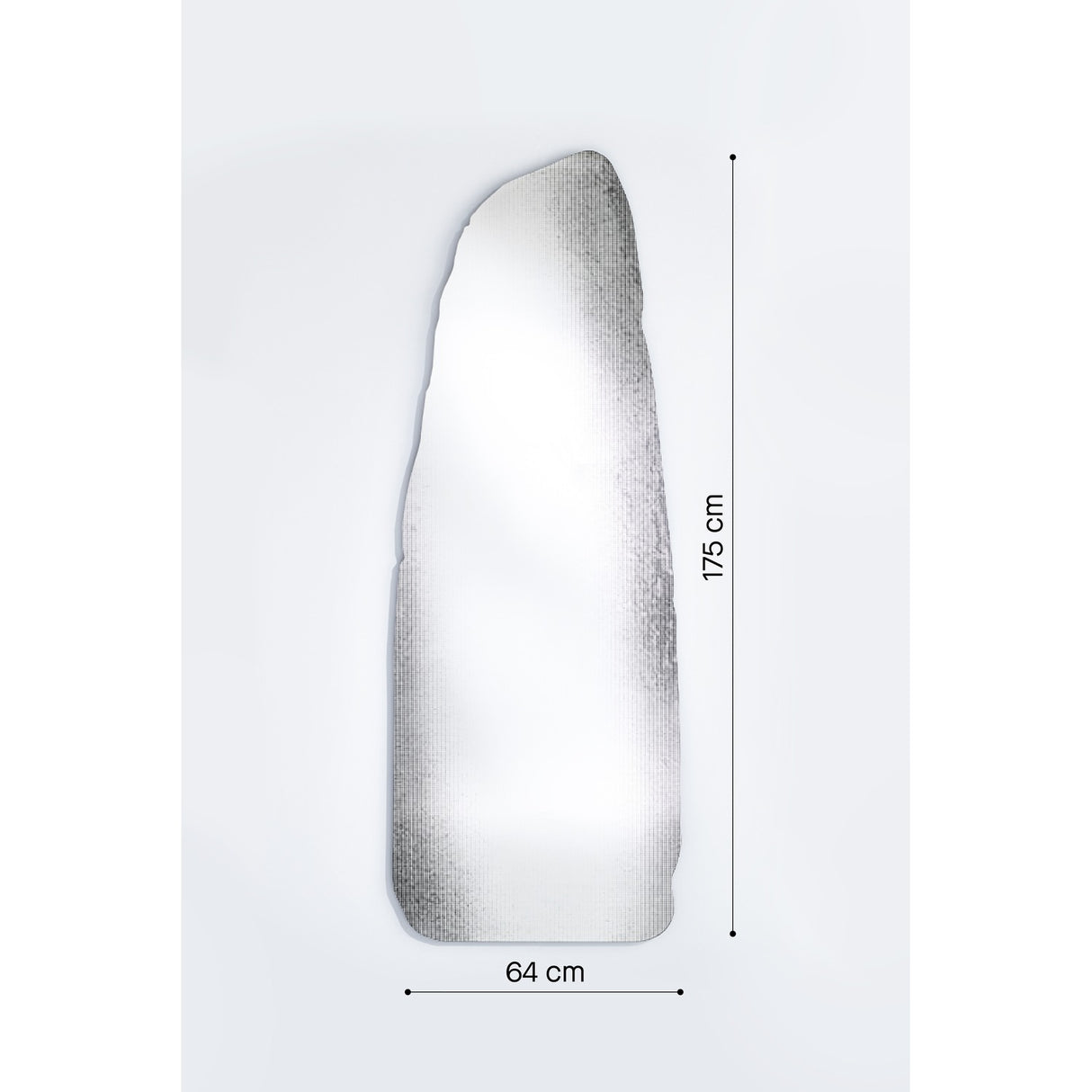 Rocca frameless wall mirror in an irregular standing-stone shape, 175cm by 64cm, with a screen-printed grey stone-effect pattern, shown on a plain white background with dimension markers.