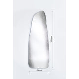 Rocca frameless wall mirror in an irregular standing-stone shape, 175cm by 64cm, with a screen-printed grey stone-effect pattern, shown on a plain white background with dimension markers.