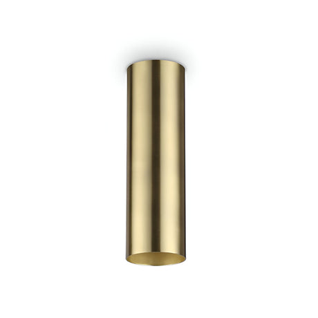 The Noctis Ceiling Light - Brass, 20cm showcases a sleek cylindrical design in satin brass, set against a plain white background. Its smooth reflective finish and modern, minimalist style make it a standout piece.