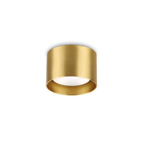 Introducing the Orbis Round Downlight - Gold, featuring a cylindrical design finished in gold against a white backdrop. With its smooth, brushed metallic surface, it brings a modern and elegant touch to any decor while providing the convenience of a replaceable LED light source.
